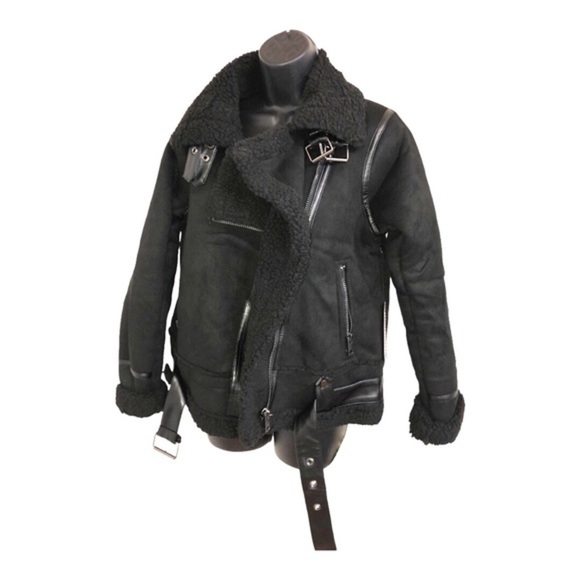 Black moto bomber buckled faux shearling biker jacket coat size small new - Picture 1 of 16